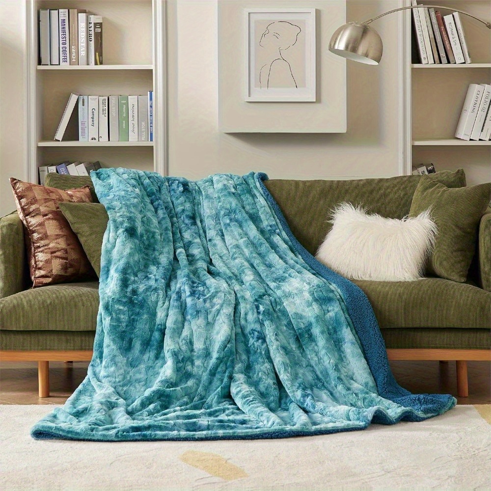 

1pc Bedsure Reversible Sherpa Fur Blanket - Contemporary Tie-dye Plush Throw, Soft And Cozy Knitted Bedding, Polyester, Solid Pattern, 300-350gsm