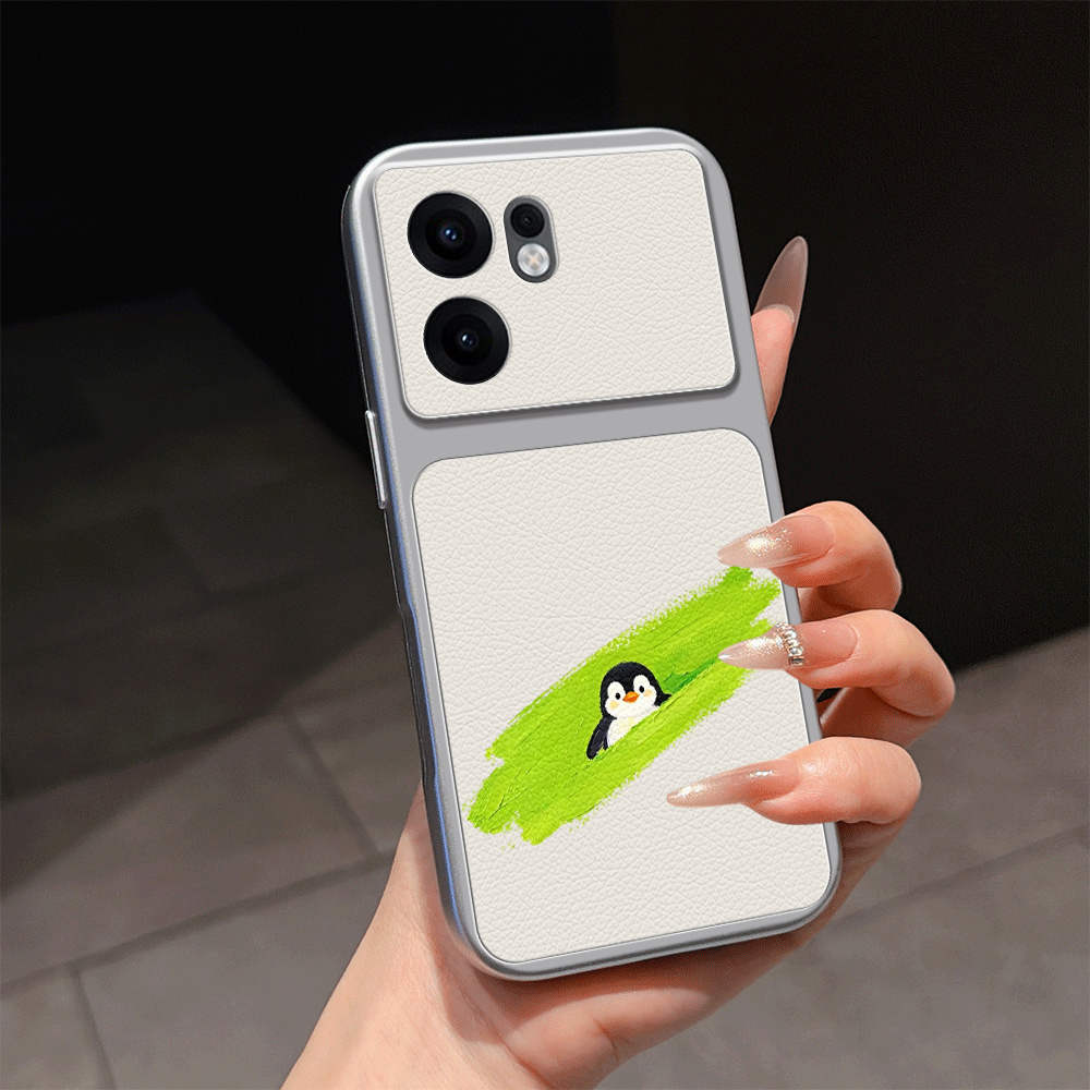품목 사진 휴대폰 케이스: oppo reno13 f, oppo reno13 fs 5g, oppo reno13 f 5g 호환 전기도금 은색 테두리 리치 합성 가죽 휴대폰 케이스, 대형 카메라 창이 있는 합성 가죽 질감, 충격 방지 보호 커버, 귀여운 펭귄 프린트