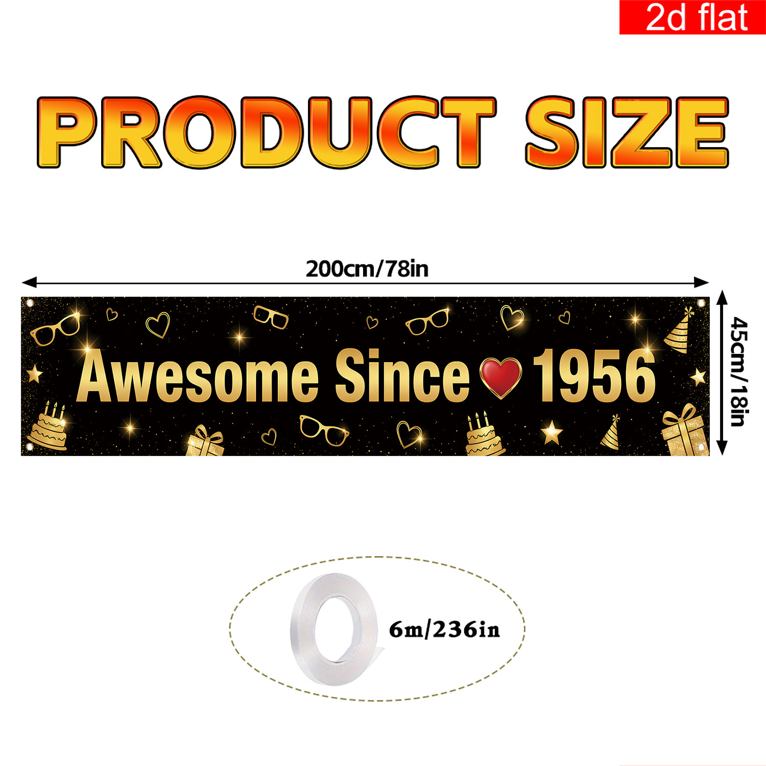 2d 평면, 2d 평면 배너, 1개, 생일 테마 마당 간판 파티 배너, 블랙 앤 골든 테마, awesome sin 1956 레터링, 케이크와 선물 디자인, 생일 파티, 기념일 축하, 실내 및 실외 장식용, 2d 평면