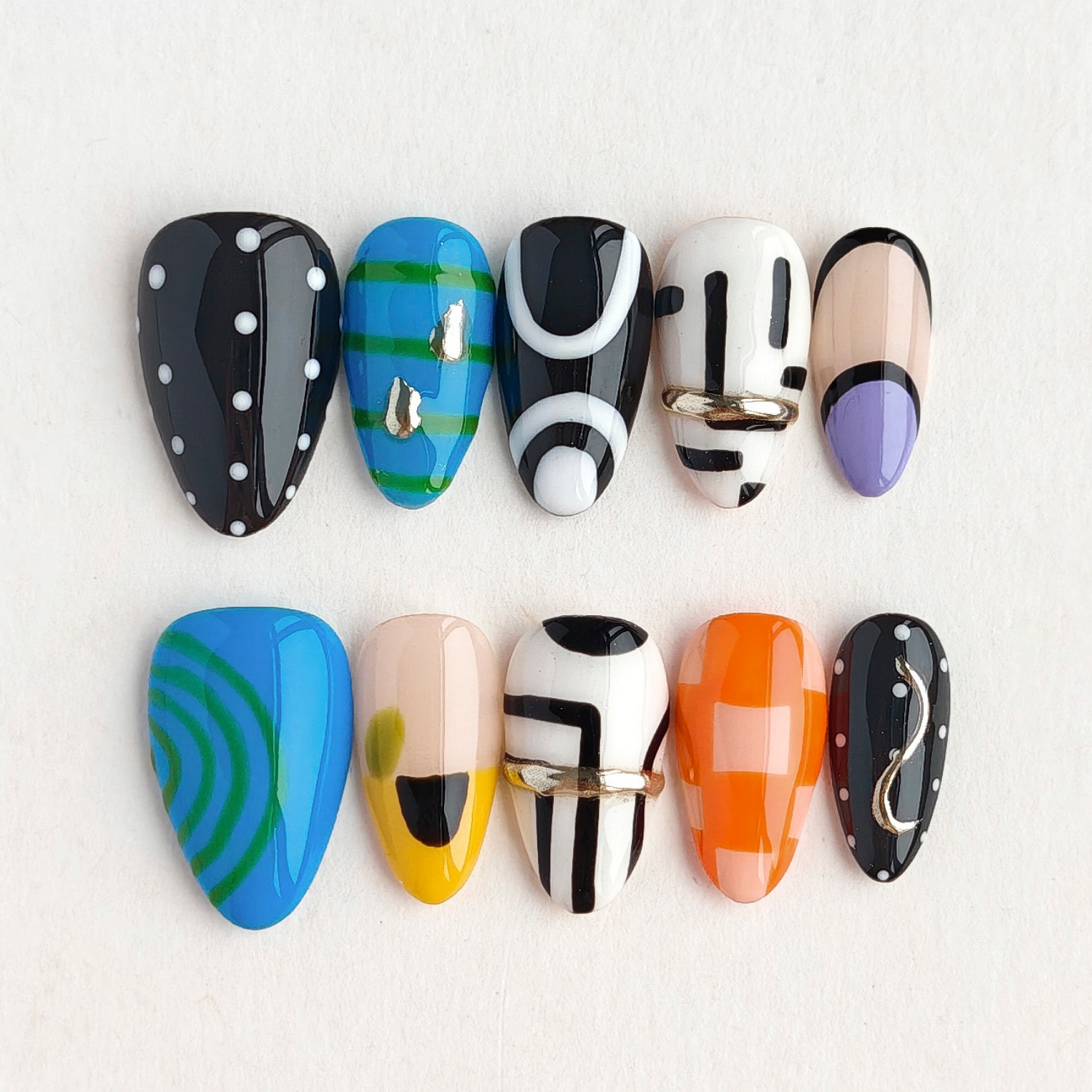TEMU Handmade Press On Nails 10pcs, New Short Almond-dopamine Color Block Metal Decor Vitality Nails, , Suitable For Girlfriend Gatherings, Amusement