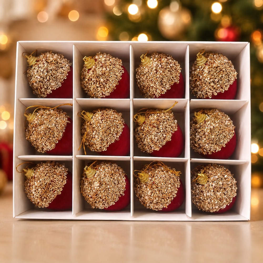 TEMU 12 piezas de bolas decorativas navideñas de 6 cm, adornos de de terciopelo, lentejuelas doradas colgantes, lujosas decoraciones para árboles de