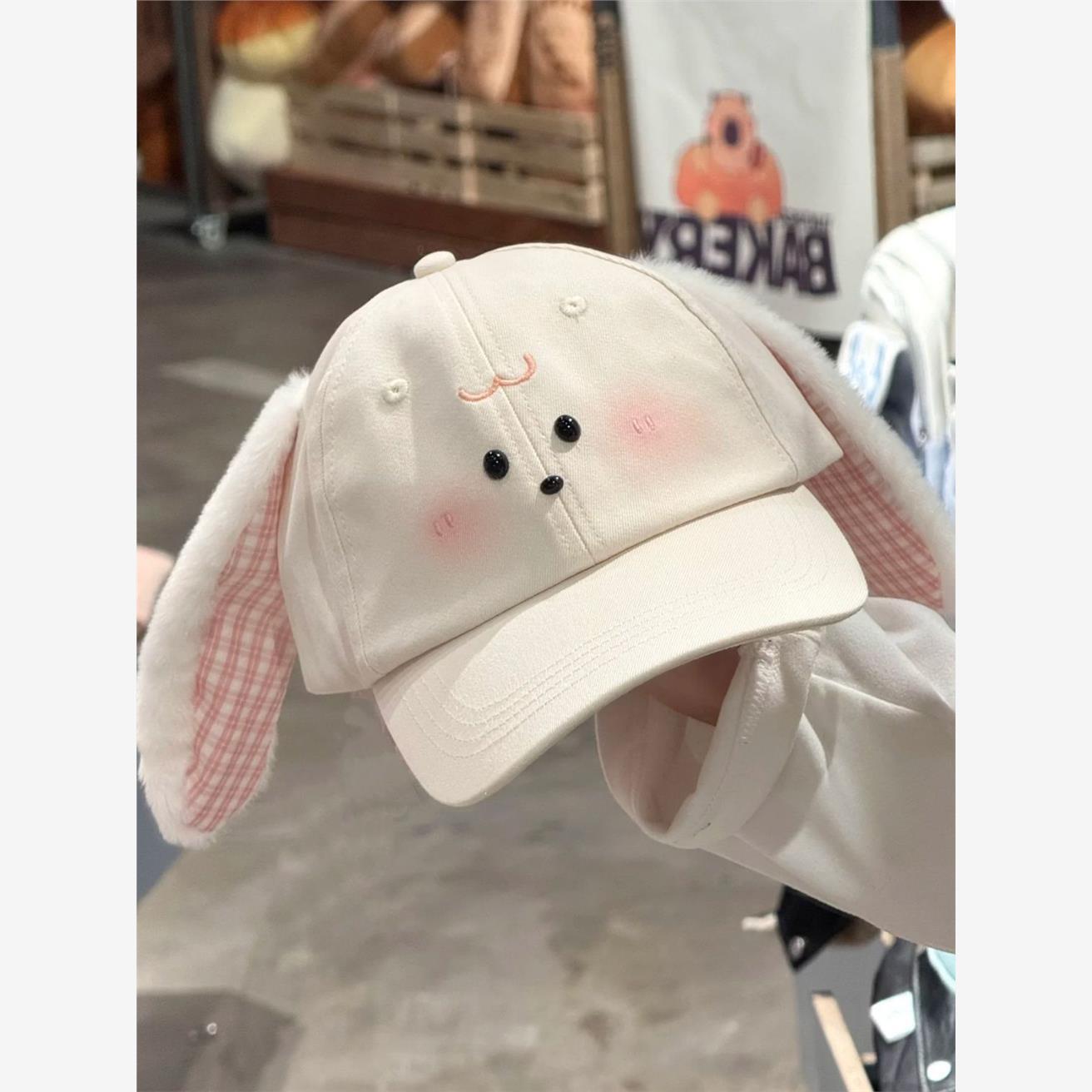 TEMU 韓国風かわいいキャラクターパピーイヤープラッシュベースボールキャップ - 大きな頭デザイン、洗濯機対応カラー、フェイスショー＆日常着用