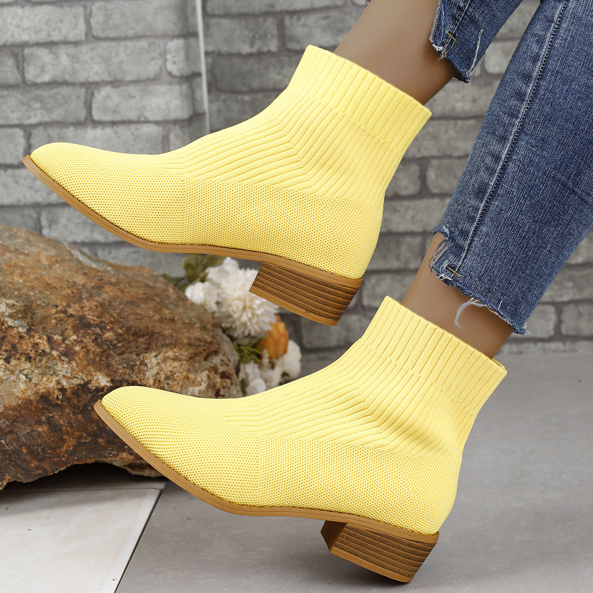 Image of Women's Extended Sizes Knit Stretch Pointed Block Heel Sock Ankle Boots, Breathable Fly Woven Daily Booties, Women Shoes