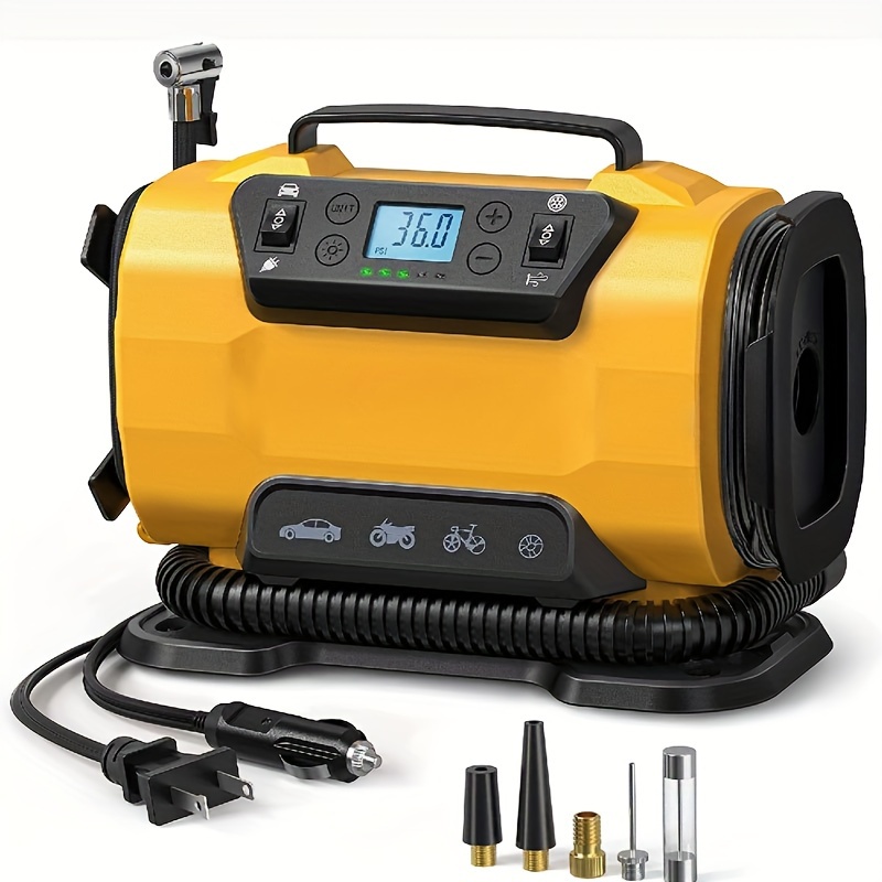 TEMU Compresseurs d'air portables haute puissance à double alimentation avec prise américaine 110V-230V , gonfleurs de pneus pour voitures, bateaux,