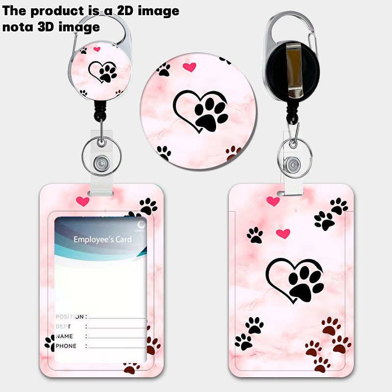 TEMU [2dflat] Heart Paw Print Pattern Theme Personalized Card Holder Set With Retractable Lanyard And Keychain Durable Plastic Card Holder Suitable