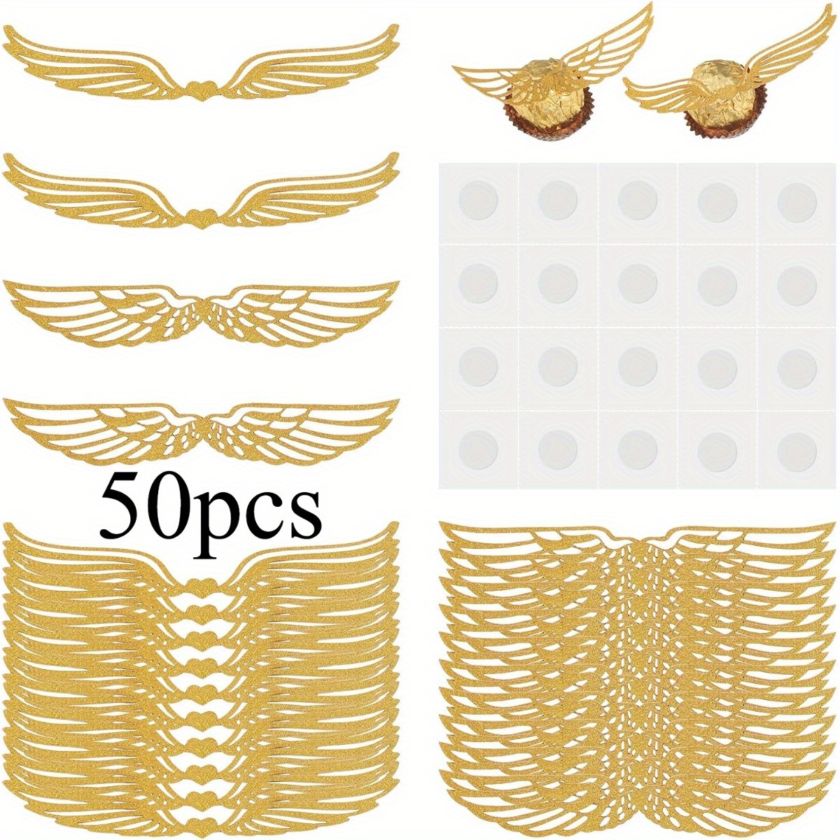 50pcs Golden Glitter Wings Chocolate With Packaging Decoration, Wings Wizard Party Chocolate With Packaging Decoration Toppers