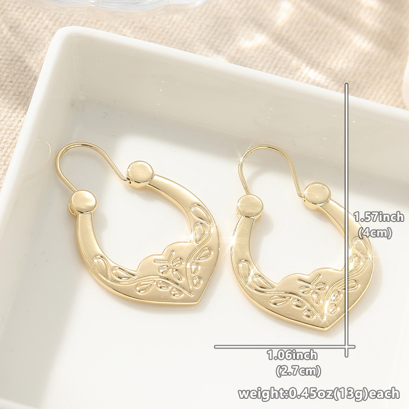 Vintage Copper Hand Carved Bow Pattern Earrings, Elegant Golden Hoop Style