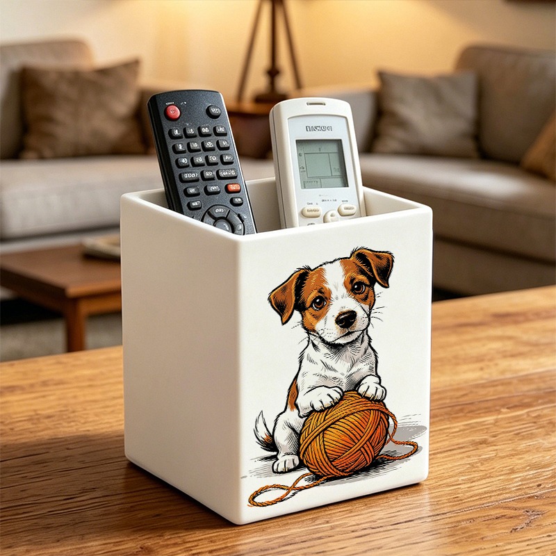 TEMU 1pc Terrier Puppy Storage Box With Yarn Ball Print - Multifunctional Plastic Suitable For Desk, Bathroom, Office - Compact Space-saving Holder