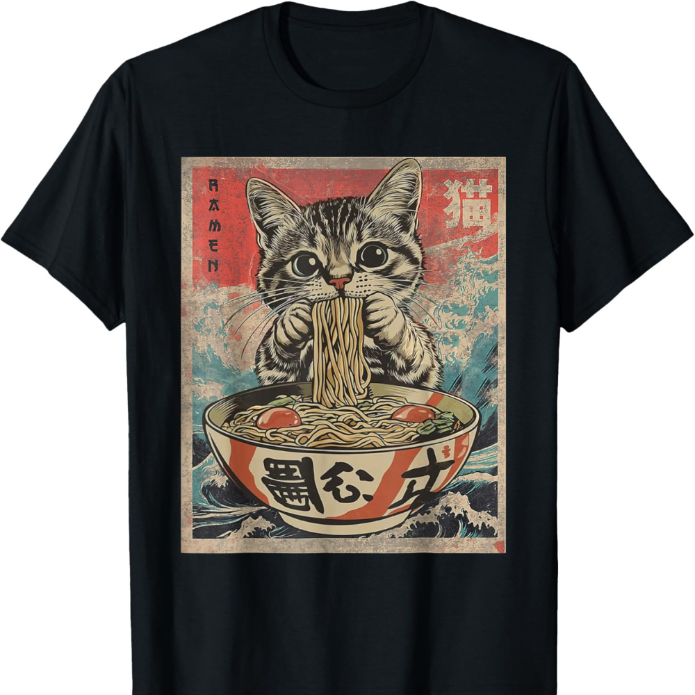 

Cat Eating Ramen Noodles Japanese Men' Trend Cotton Round Neck Casual Letter Printed Short Sleeve Men T-shirt 180g