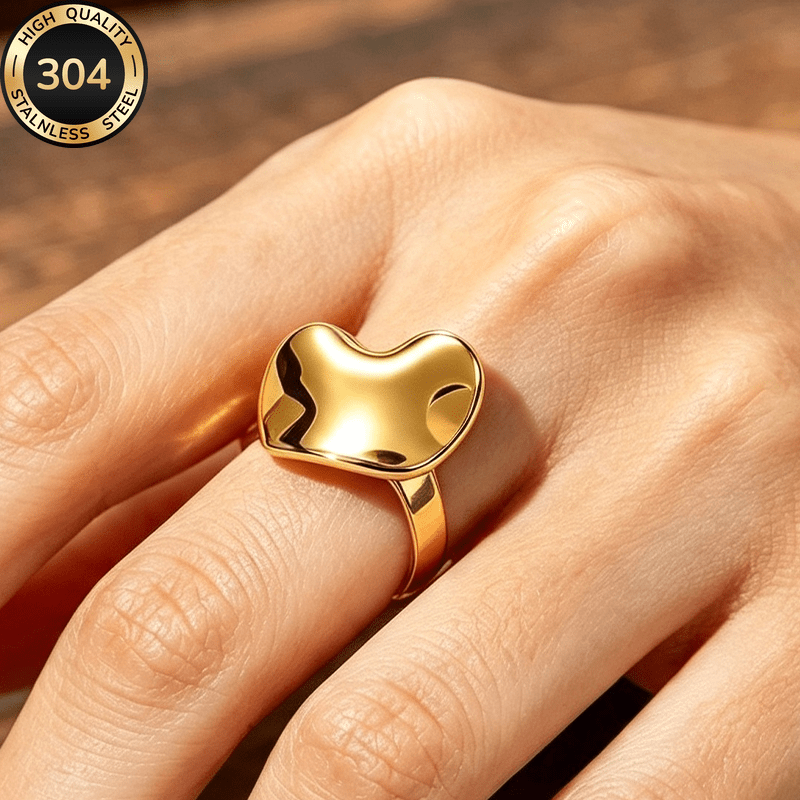 TEMU Anillo irregular de superficie curva de acero inoxidable 304 dorado de calidad, anillo de moda unisex, joyería de acero inoxidable 304 de