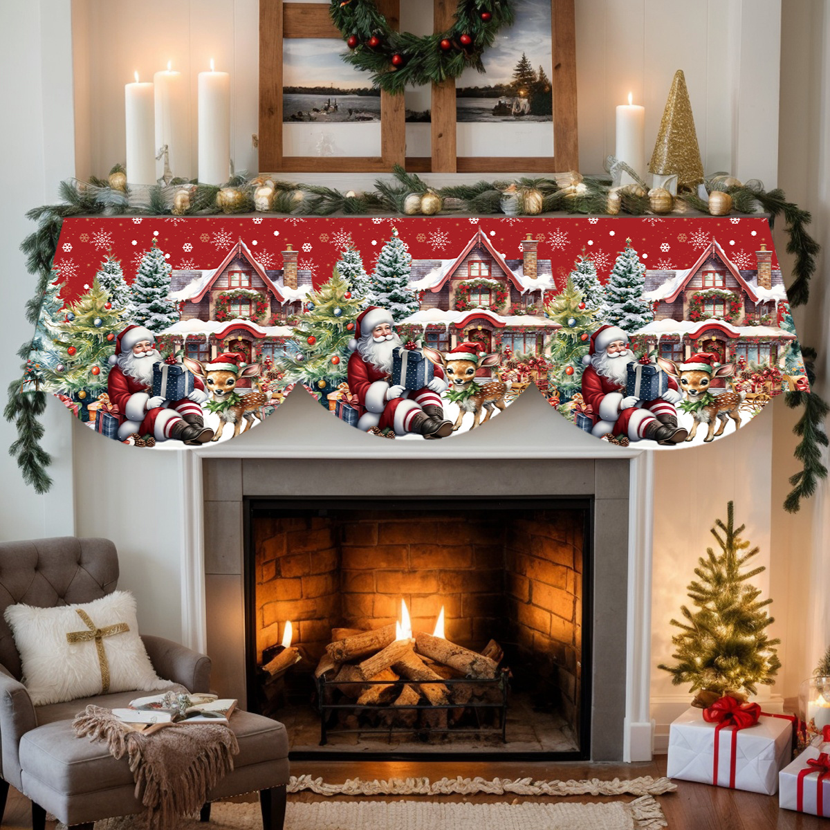 TEMU 1pc Christmas Theme, Santa Christmas Tree Reindeer Design Fireplace Scarf, Fireplace Decoration, Holiday Party Supplies, Gift, Table Flag,
