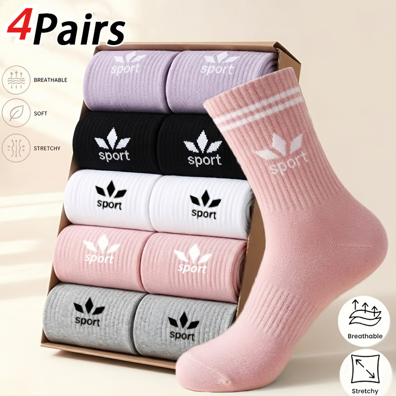 TEMU 4 Pairs Athletic Mid-calf Socks, Random Colors, High-waist Long Socks Suitable For Basketball, Soccer, Tennis, And Sports Enthusiasts, Fitted