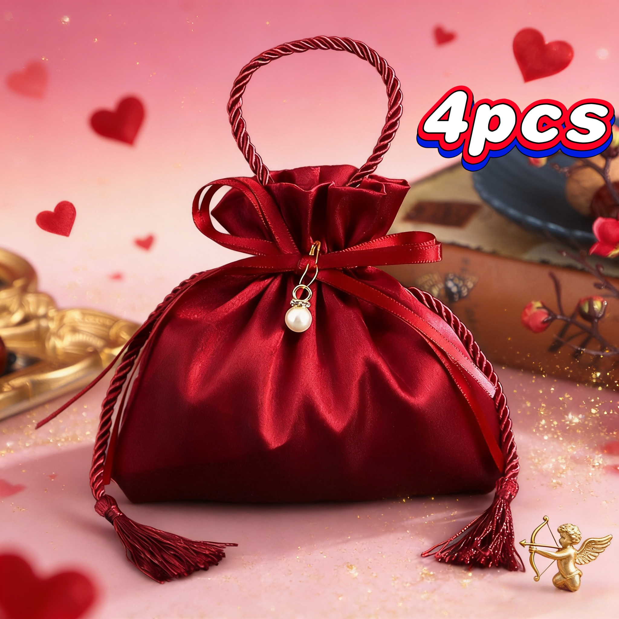 TEMU Gift For Her/him Set Of 4 Red Satin Gift Bags For Valentine's Day – Heart-shaped Drawstring Bags With Pearl Accents And Tassel Handles,