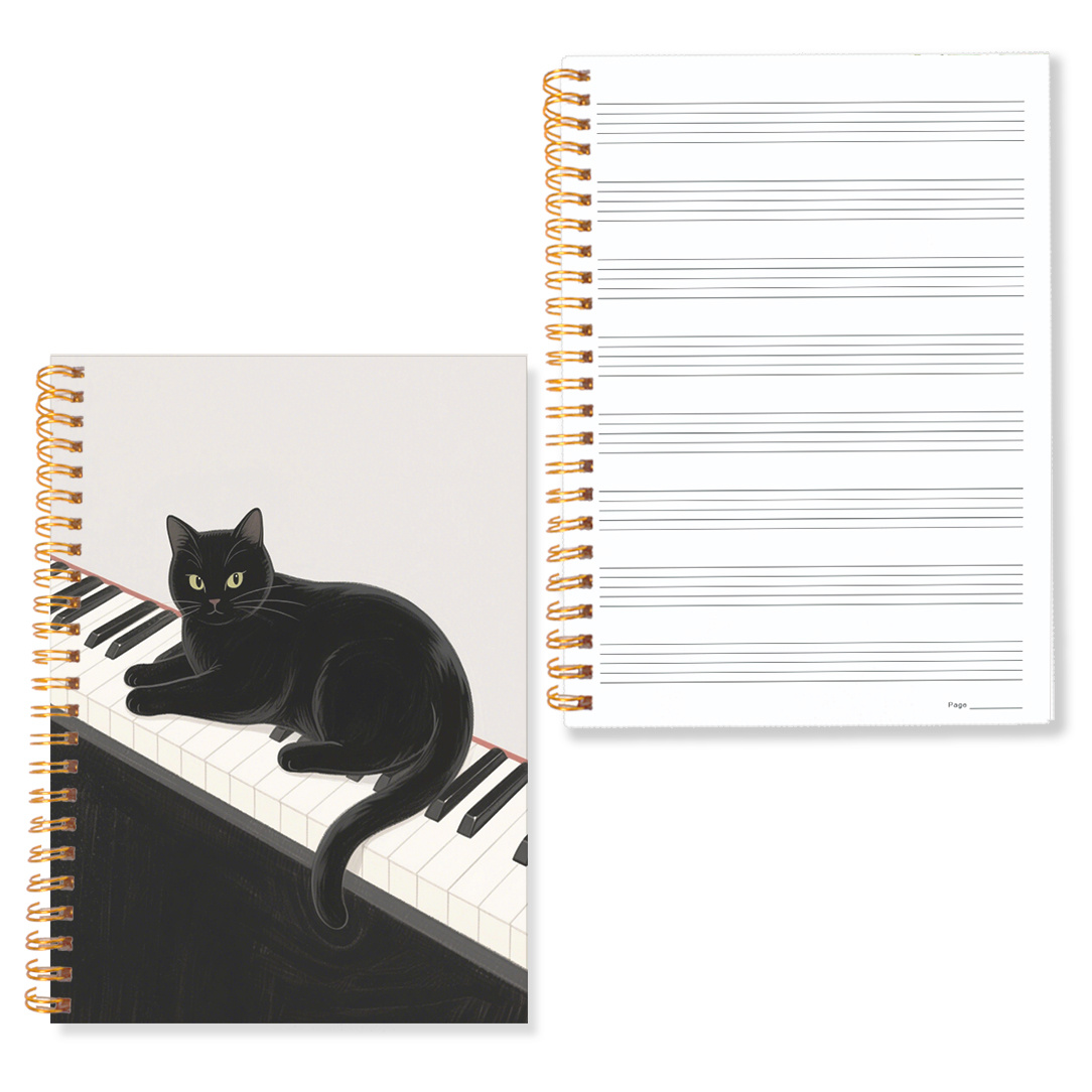 TEMU 1pc Blank Notebook, Lazy Black Cat On Piano Keys, Spiral Bound For Composing, Practice, And Artistic , Notebook, Creative Writing, Vibrant Cover