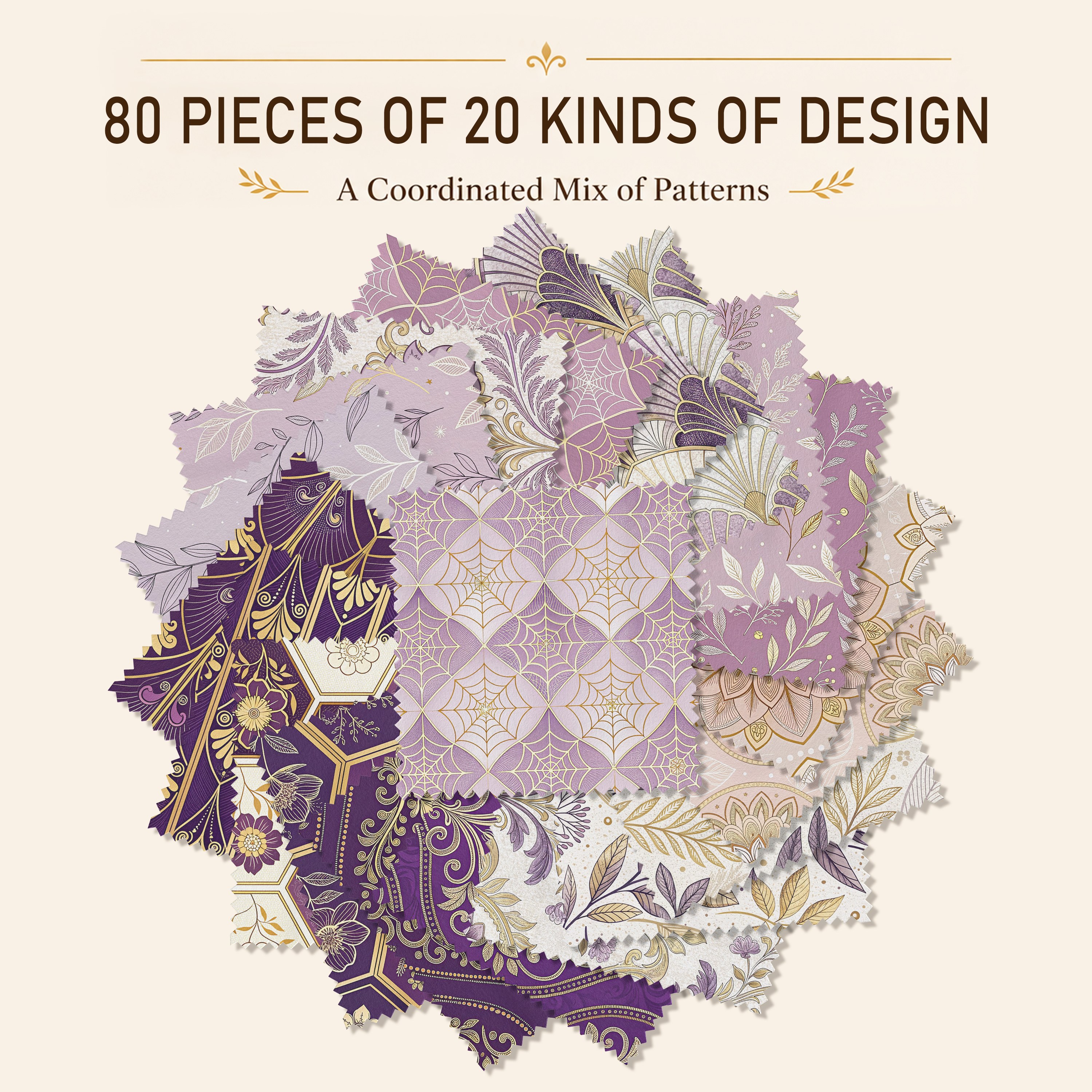 TEMU 80pcs 5"x5" (12.7cmx12.7cm) Luxurious Elegant Purple Golden- Retro Floral Geometric Printed Fabric Series Pre-cut Fabric For Handcraft Quilting,
