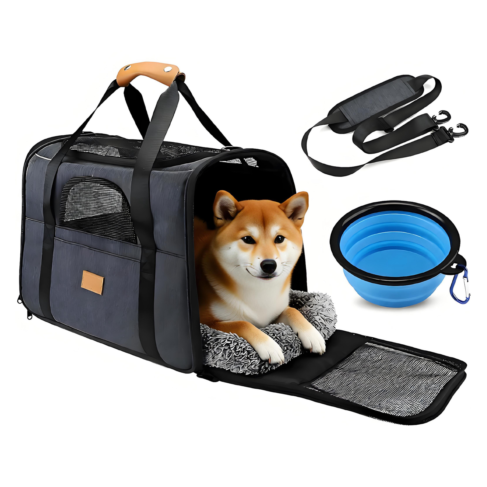 TEMU Portable Bag, Top Opening, Removable Mat And Breathable Mesh, Foldable Transport Carrier For Dogs And Cats, With Shoulder Strap And Pet Bowl,