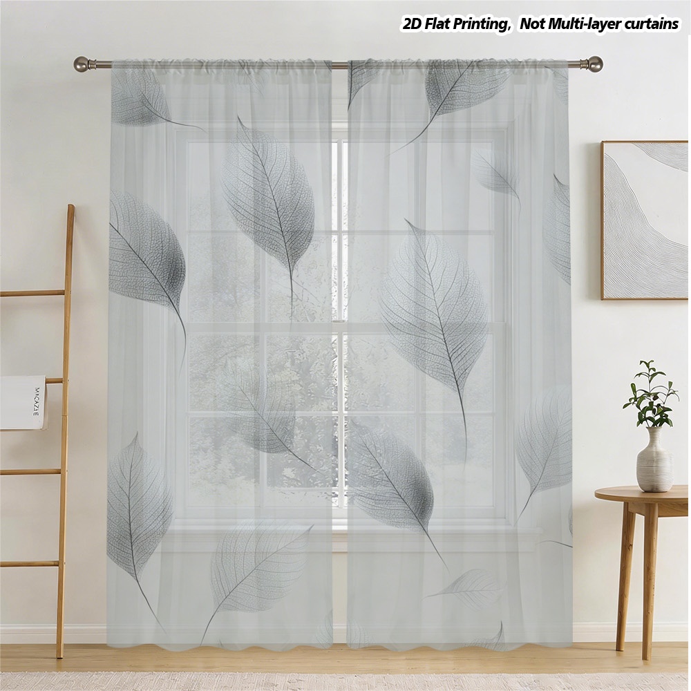 item picture     2pcs   delicate gray leaf   polyester gauze curtains   and elegant with a rod   for     drapes will   a   atmosphere to your bedroom living room or study