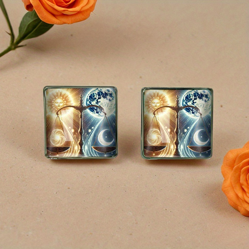 2Pairs Retro Sun Moon Balance Pattern Square Stud Earrings, Gift Set