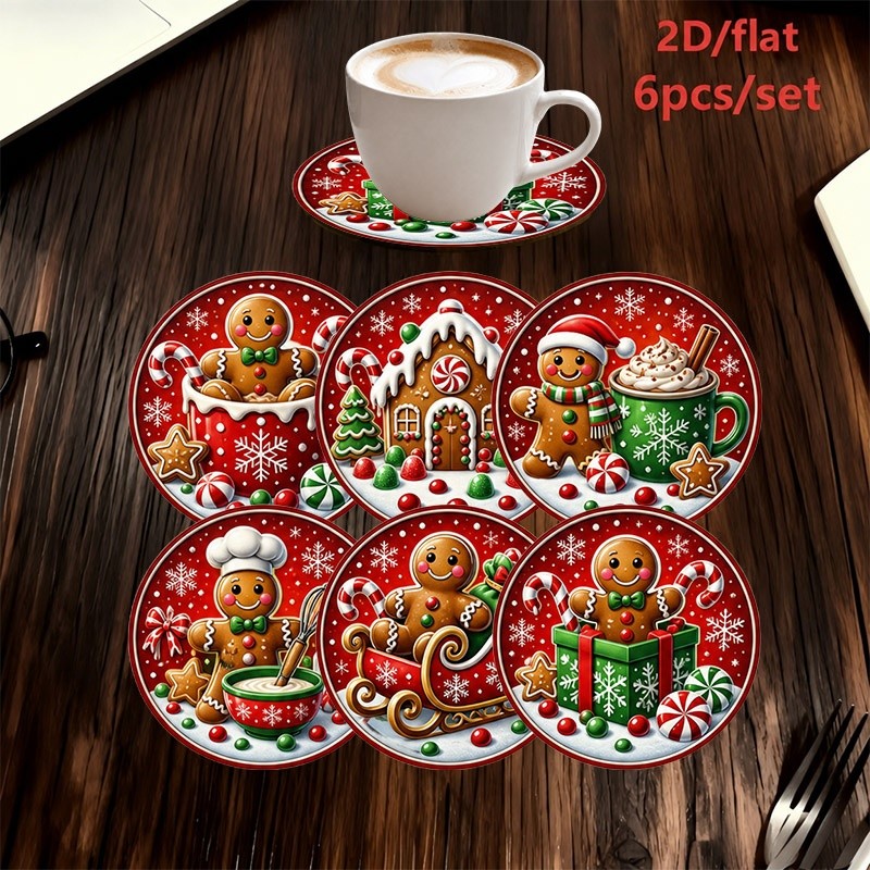 TEMU 6pcs Set Of Wooden Round Coasters, 2d Flat Christmas Gingerbread Man Holiday Print, Suitable For Home And Office Holiday Decoration, Ideal