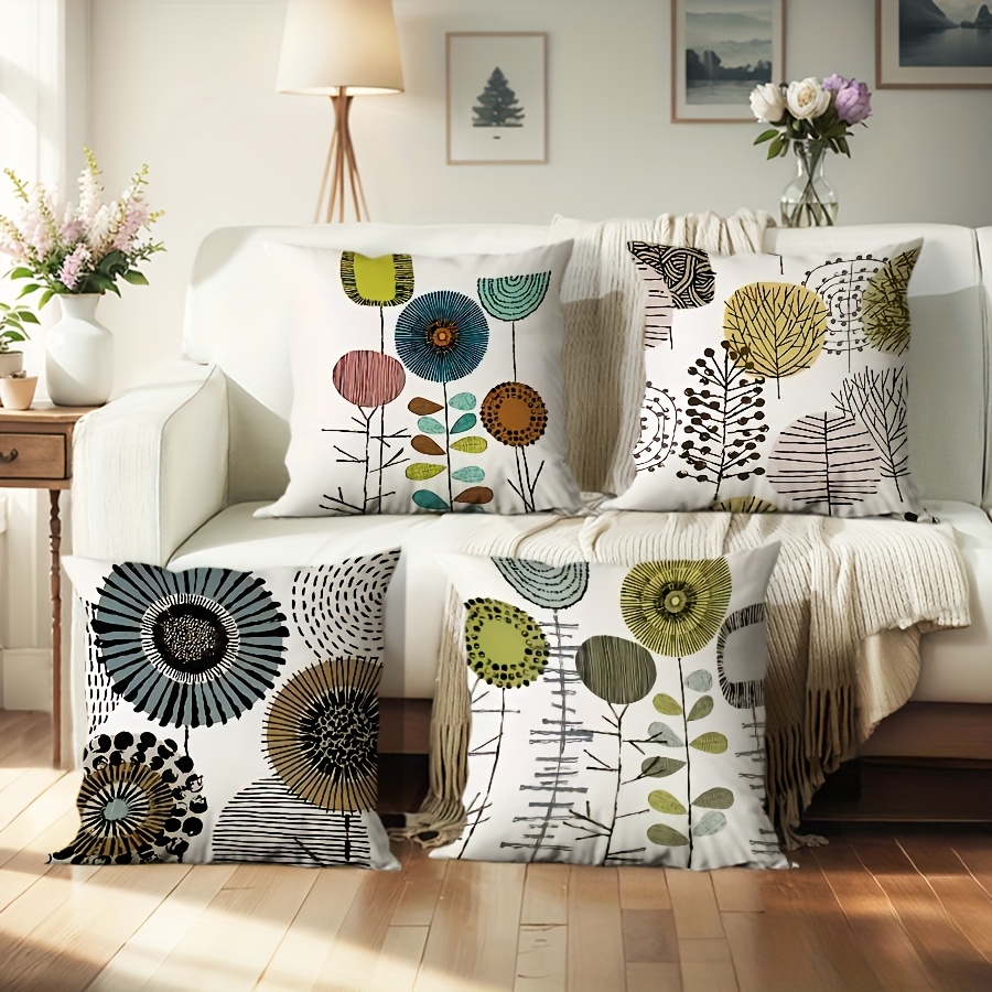 TEMU Set Of 4 Single-sided Abstract Floral Cushions Made Of, Featuring Digital Prints In A Minimalist Nordic Geometric Style, In Sizes 14x14, 16x16,