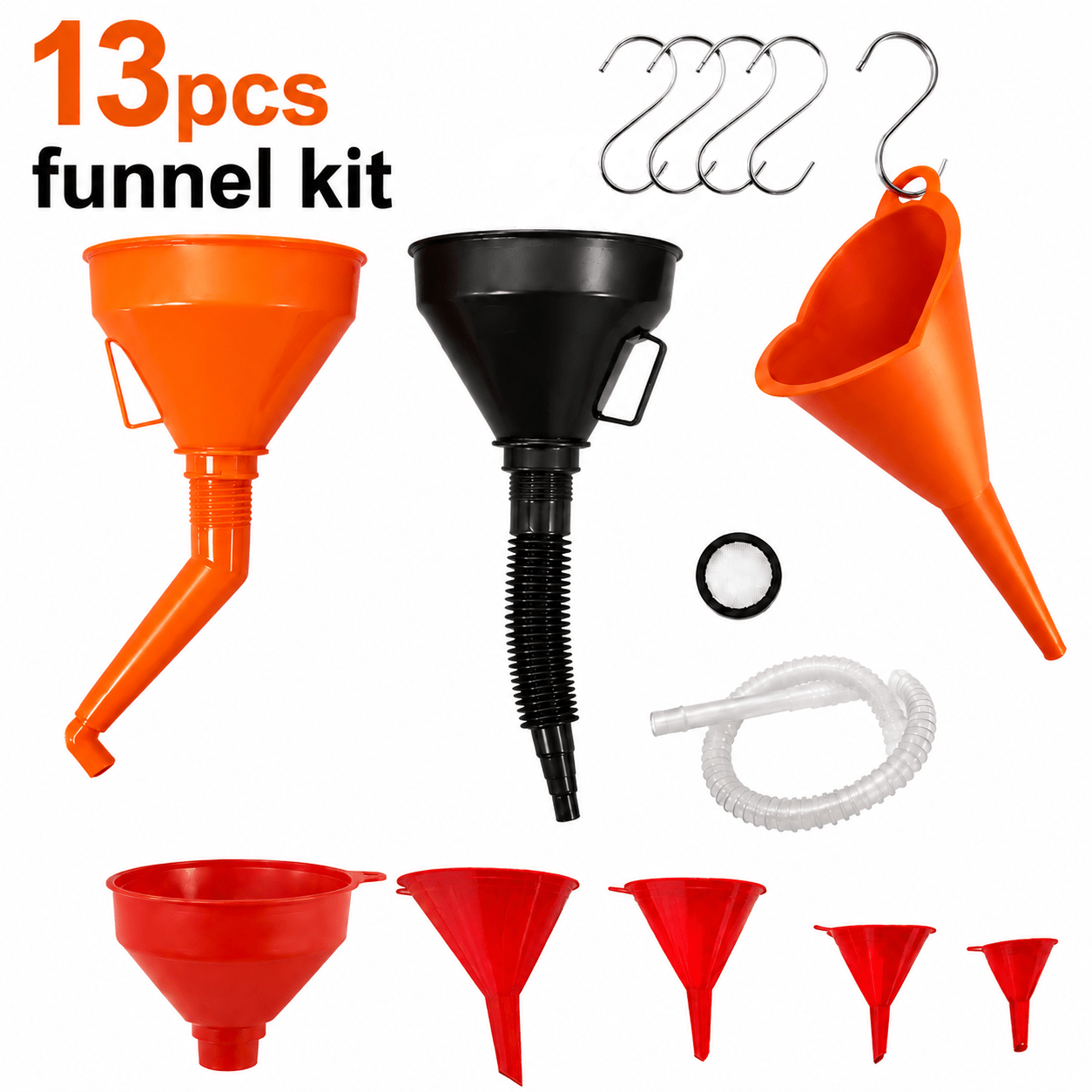 TEMU 13pcs Funnel Set (8pcs Funnels And 5pcs Hooks), Multi-functional Tube Funnel, Detachable Nozzles And Long Funnels, Suitable For Cars, , And Home