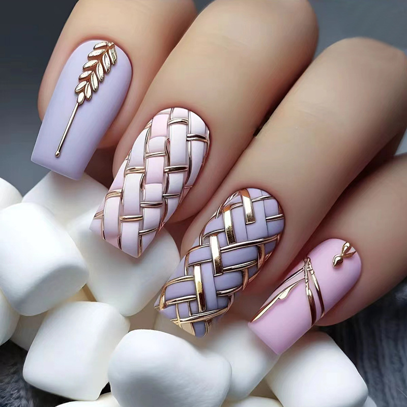 

24pcs Press-on Nails Set, Shape Medium Length With , Wheat & Design, Removable Nail Art Tips