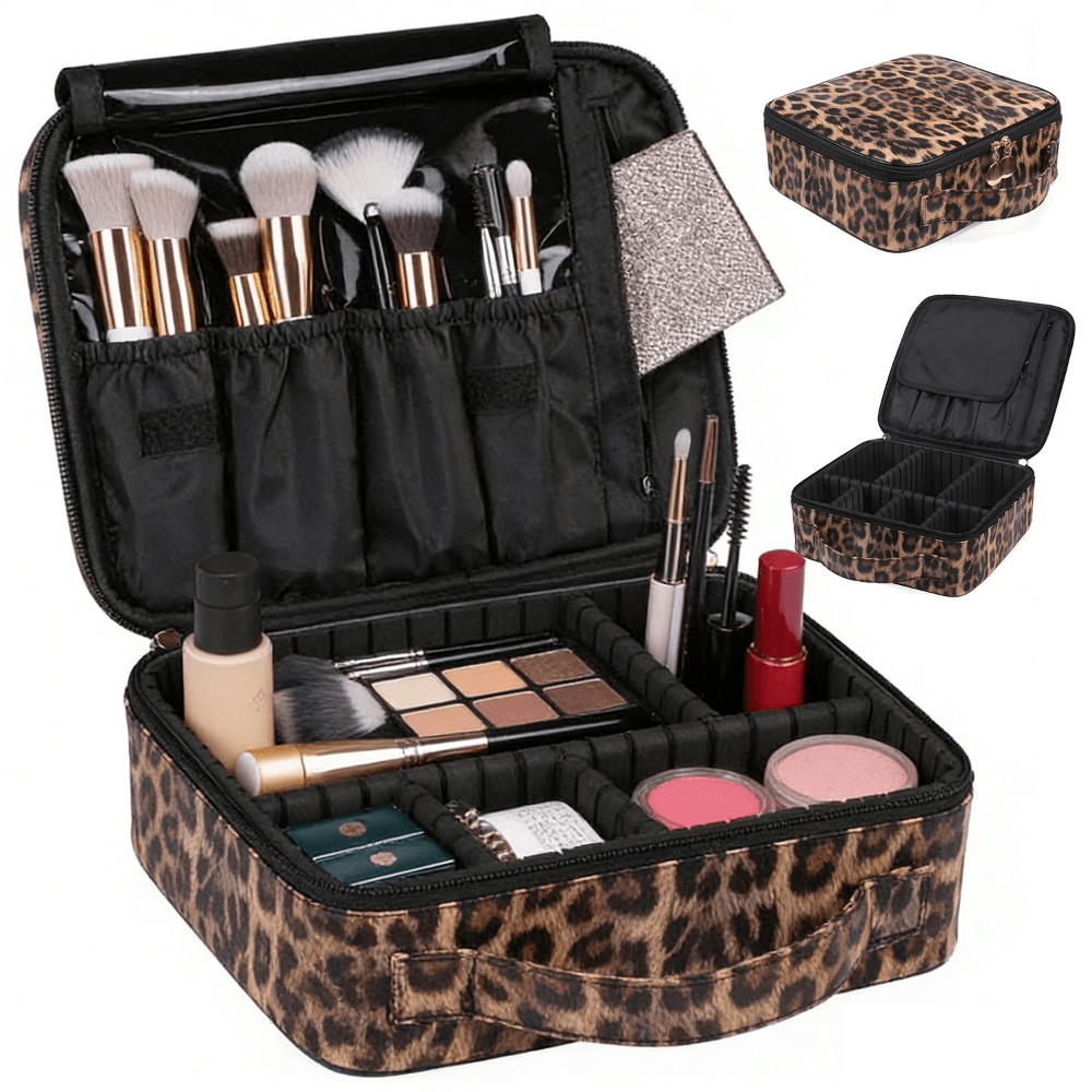Spacious Toiletry Bag Featuring A Leopard Pattern, Equipped With A Strong Handle And Multiple Compartments For Cosmetics, Perfect For Travel And Everyday Use, A Chic Item For Women