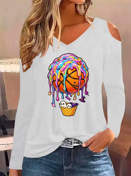 t-shirt de comprida com ombros descobertos, top casual feminino com estampado de desenho animado de basquetebol para o halloween