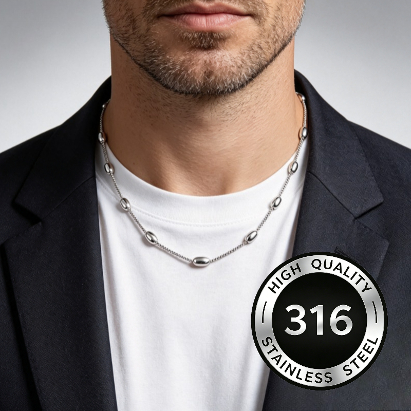 Unisex Silvery Beaded Clip-on 316L Stainless Steel Necklace