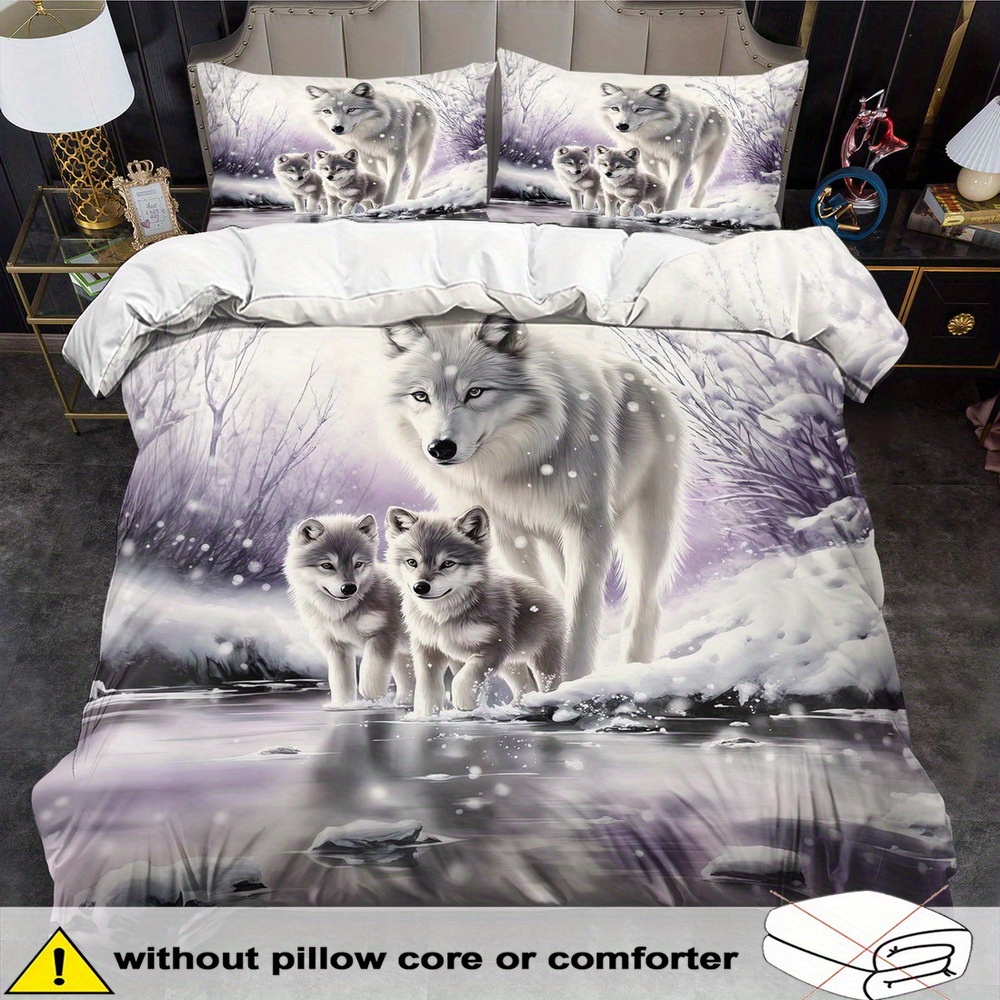 TEMU White Wolf Themed Duvet Cover Set - 2/3pcs, Soft, Comfortable, And Breathable, Fantasy Animal Pattern Printed Bedding, Wolf Print Duvet Cover