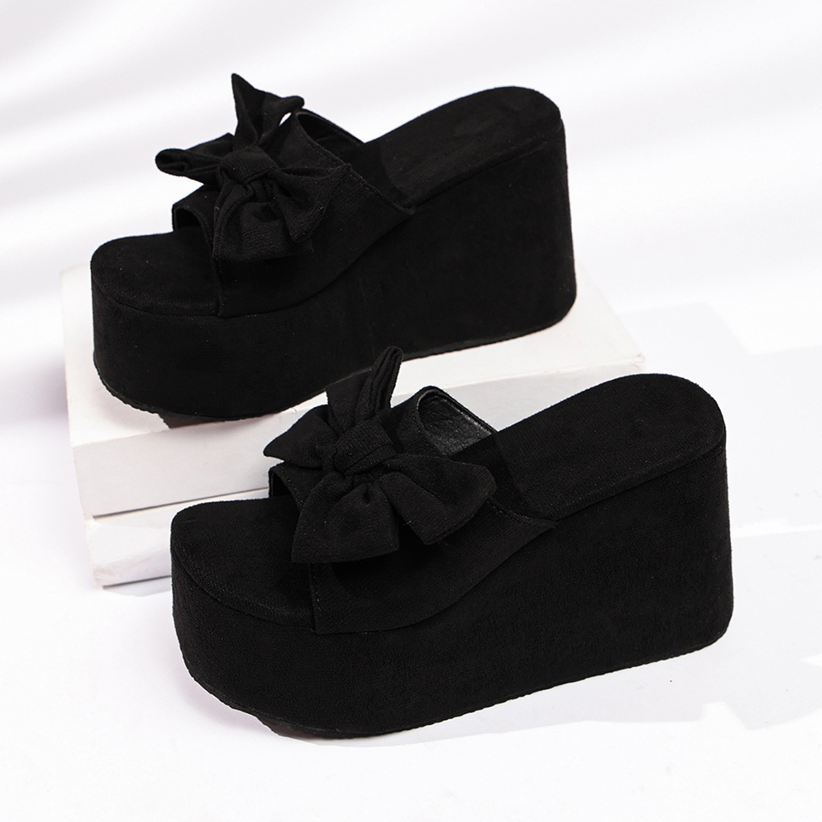 TEMU Summer Women's Platform Slippers With Bow,, Wedge Heel, Height-increasing Platform Sole, And Strappy Sandals, Women Shoes