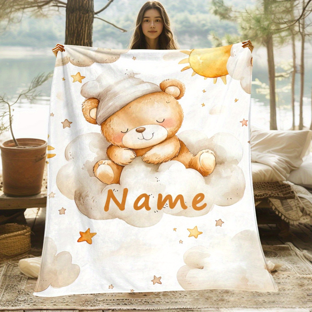 TEMU Custom Name Bear Star Blanket-lightweight Flannel Home Furnishings Bedding Blanket Suitable For Sofas Beds Travel Camping Living Rooms Offices