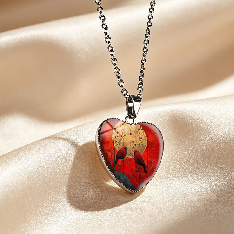 3pcs Red Birds Heart Necklace Earrings Set, Handmade