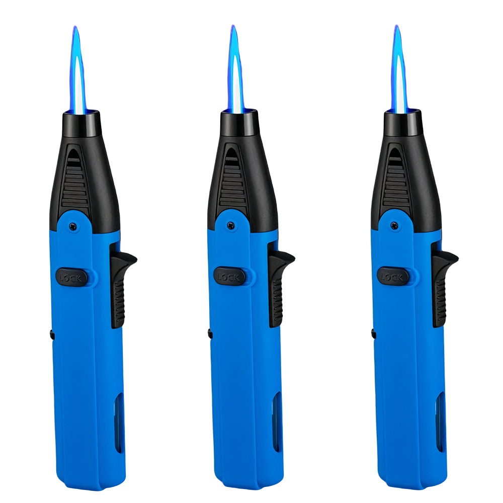 TEMU 3pcs Blue Flame Lighters With Safety Lock - Portable, Windproof Butane Gas Refillable Torch For Candles, Bbqs & Camping (butane Not Included), Wall, Gift