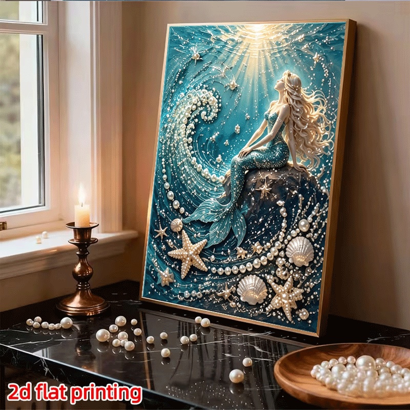 TEMU 2d Pearl Painting: Pearl Deep Sea Mermaid. The Fish Tail Is A Blue, Covered Sparkling Diamond Patterns; She Stretches Her Body , Facing Sunlight