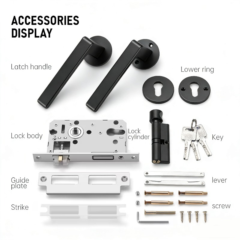 Image of Black End Door Lock Set For Round Rooms, Featuring A Silent Interior Handle And A Designed For Privacy, Suitable For Wooden Doors