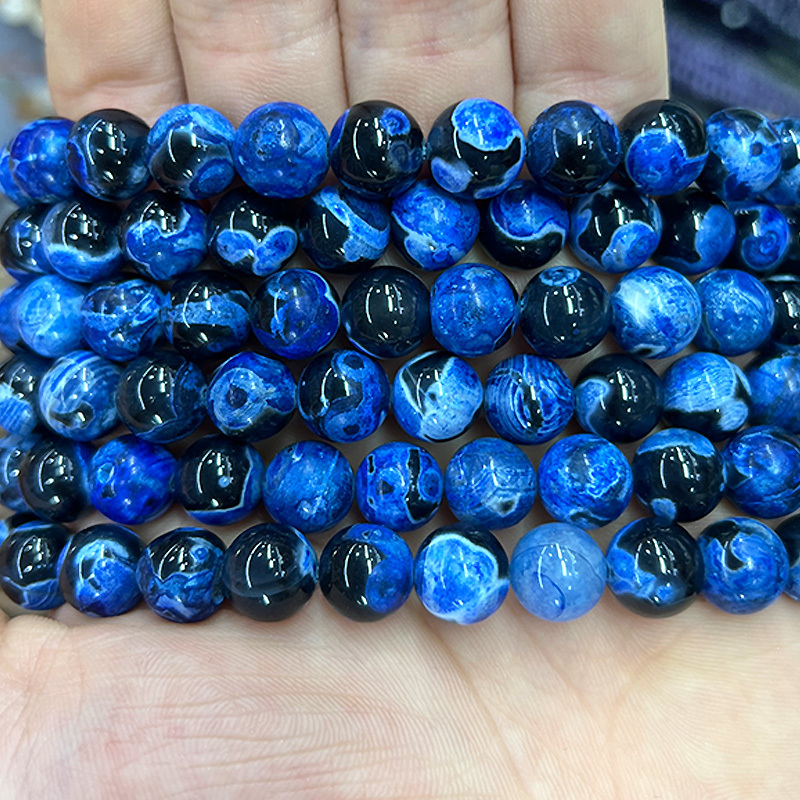 TEMU Naturstein Dunkelblaue Feuer-Achat Edelsteinperlen für Schmuckherstellung Damenohrringe Zusätze 15" Großhandel 6/8/10mm