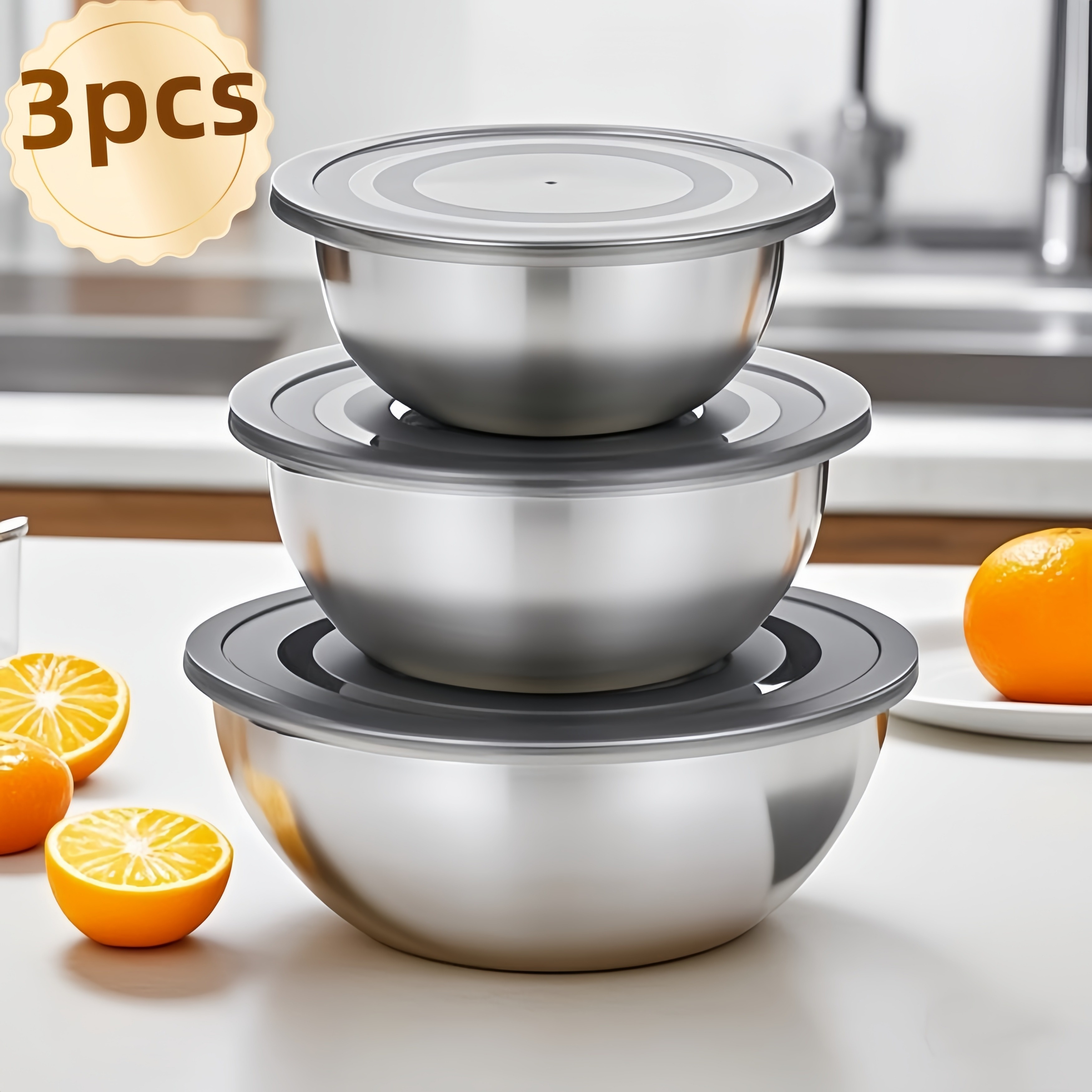 E-shop 3-teiliges Edelstahl-Rührschüssel-Set mit Deckeln - Polierte Küchenschüsseln für Kochen, Backen, Salat zubereiten -