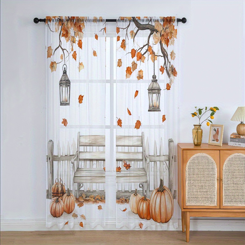 TEMU 2d Flat, 2pcs Christmas-christmas-bow-halloween-chiffon Sheer Curtains - Translucent Opaque 2d Digital Printing, Rod For Living Room And Bedroom