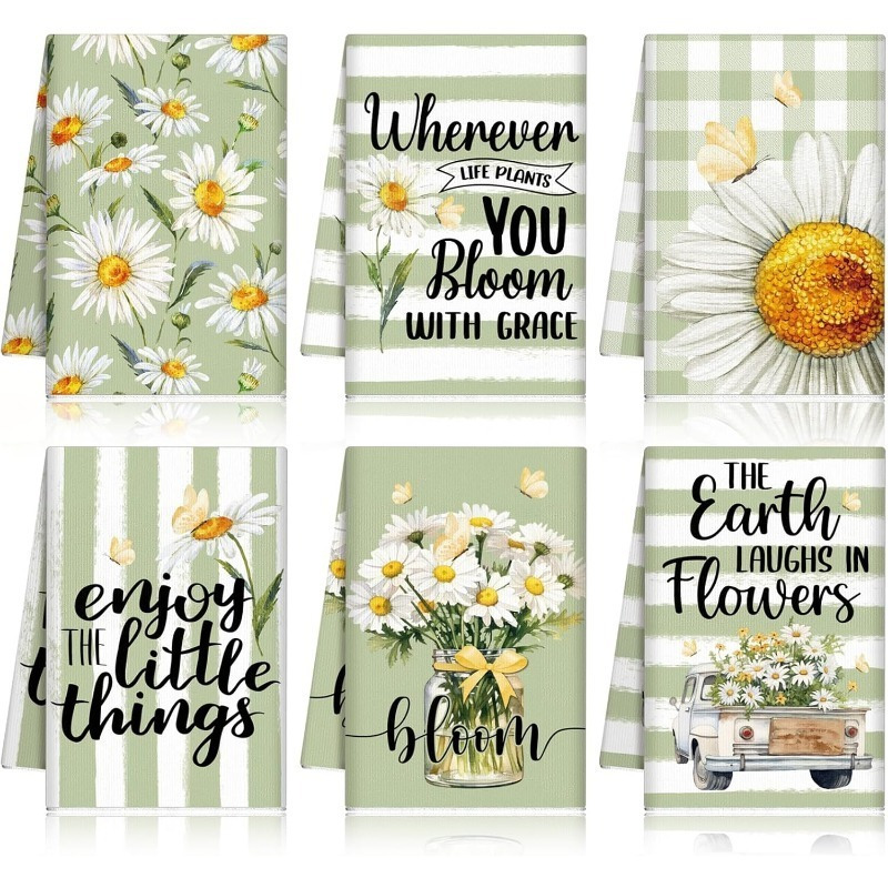 

6pcs Summer Daisy Kitchen Towels - Checkered Design With Inspirational Quotes, Absorbent Polyester Hand Towels For Home, Bathroom, And Kitchen Decor, Dish Towels