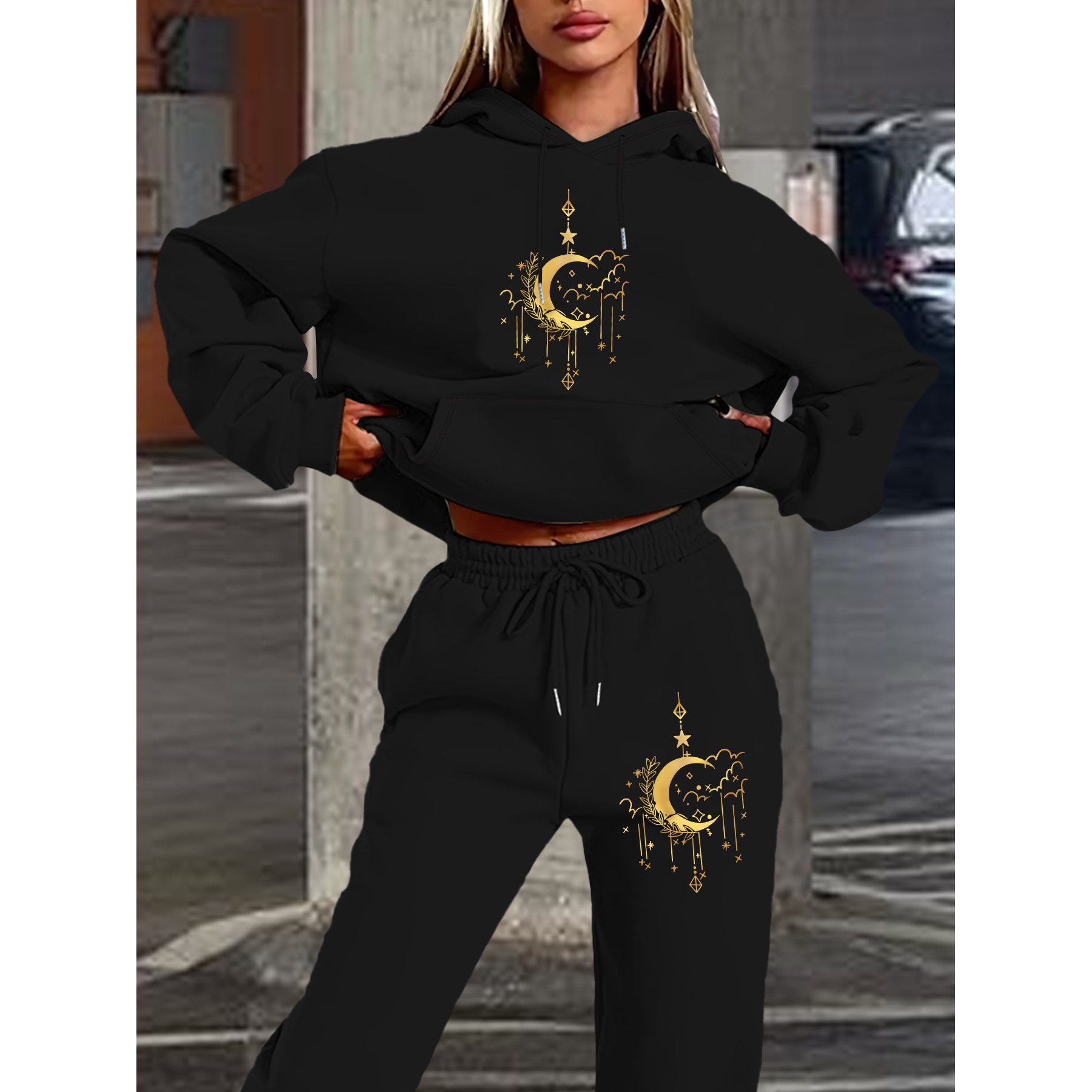 

2024 ensemble sweat à capuche et pantalon pour femme - Manches longues - Décontracté - polyester - Motif géométrique - Poches - Vêtement de détente pour /hiver - Style col à capuche