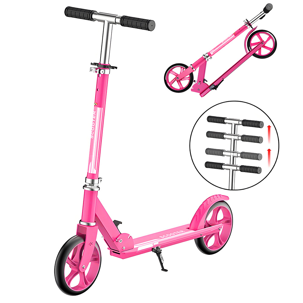 Image of 1pc Pink, 4-position Height-adjustable Folding Scooter; 200 Reinforced Adult Two-wheeled City Commuter Scooter With Single-foot Brake, Without Battery