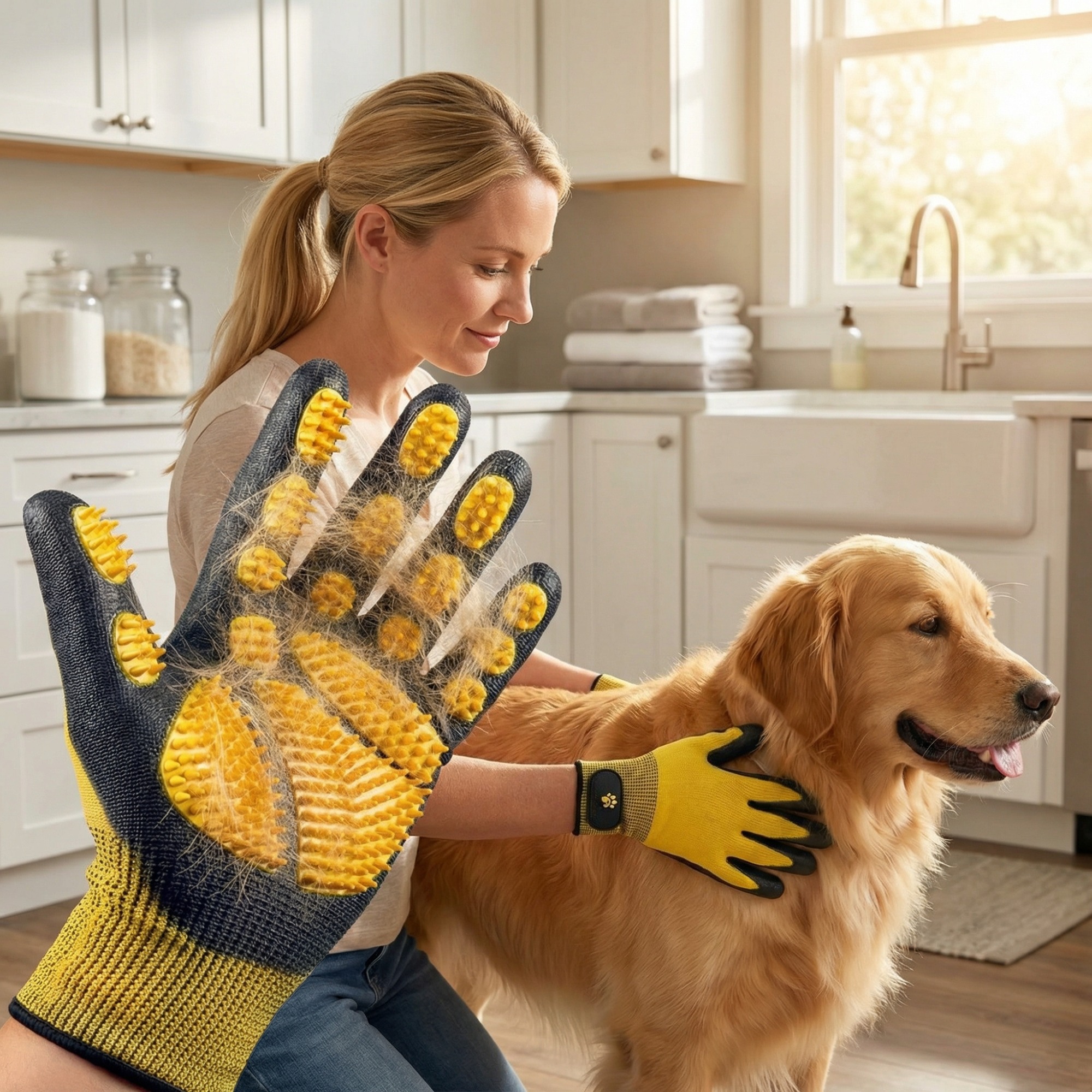 Image of Professional Home Grooming: Pet Grooming And Bathing Gloves - Effective Deshedding And Hair Remover For Cats, Dogs - Gentle For Long And Short Fur, Removing Loose Fur For A Hair-free Home