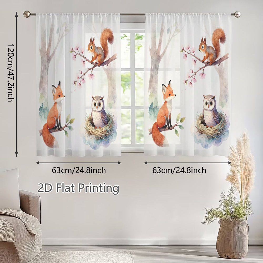 TEMU Plat 2D, 2 pièces Rideaux Voilages Printemps Été, Motif Animaux de Aquarelle avec un Renard Vif, un Écureuil et une Hullette Douillette, pour