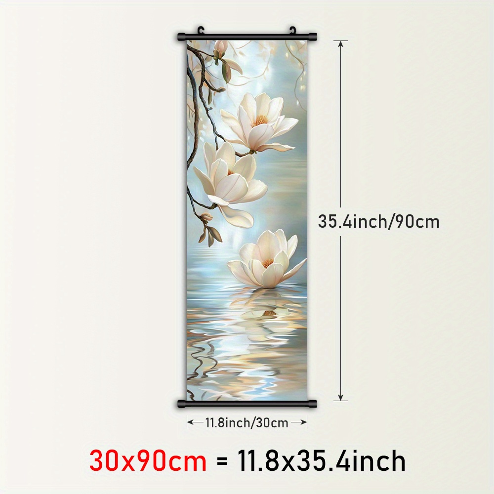 TEMU 2d Flat, 2d Flat, 1pc Framed Water-themed Plastic Wall Art Featuring Branches, A Canvas Print Of Reflection Scrolls, And Magnolia Flowers For