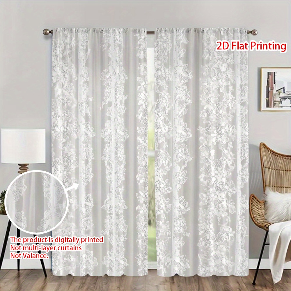 TEMU 2d Flat - 2d Flat - Set Of 2 Elegant White Floral Pattern Curtains With A 2d Flat Print, Designed For Without Drilling. Enhancing The Decor Of