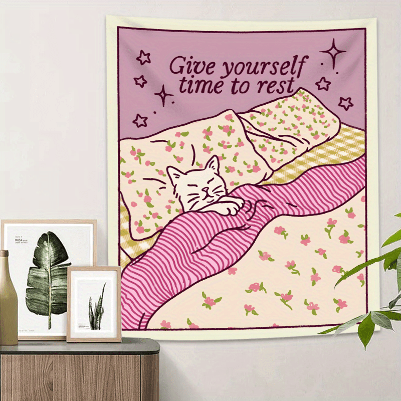 Chic Pink Cat Tapestry With Inspirational Quote And Floral Design_voghion.com