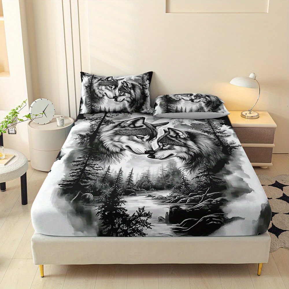 E-shop 3-teiliges Spannbettlaken-Set mit Tier-Wolf-Druck, Queen-Matratzenbezug, Twin-Matratzenschoner, Bettwäsche im King-Queen-Stil, Polyester,