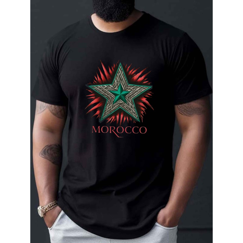 

T-shirt décontracté à col rond pour homme avec de verte Maroc, tissu tricoté 100% polyester, légère extensibilité, coupe régulière, t-shirt à manches courtes d'été - 150gsm