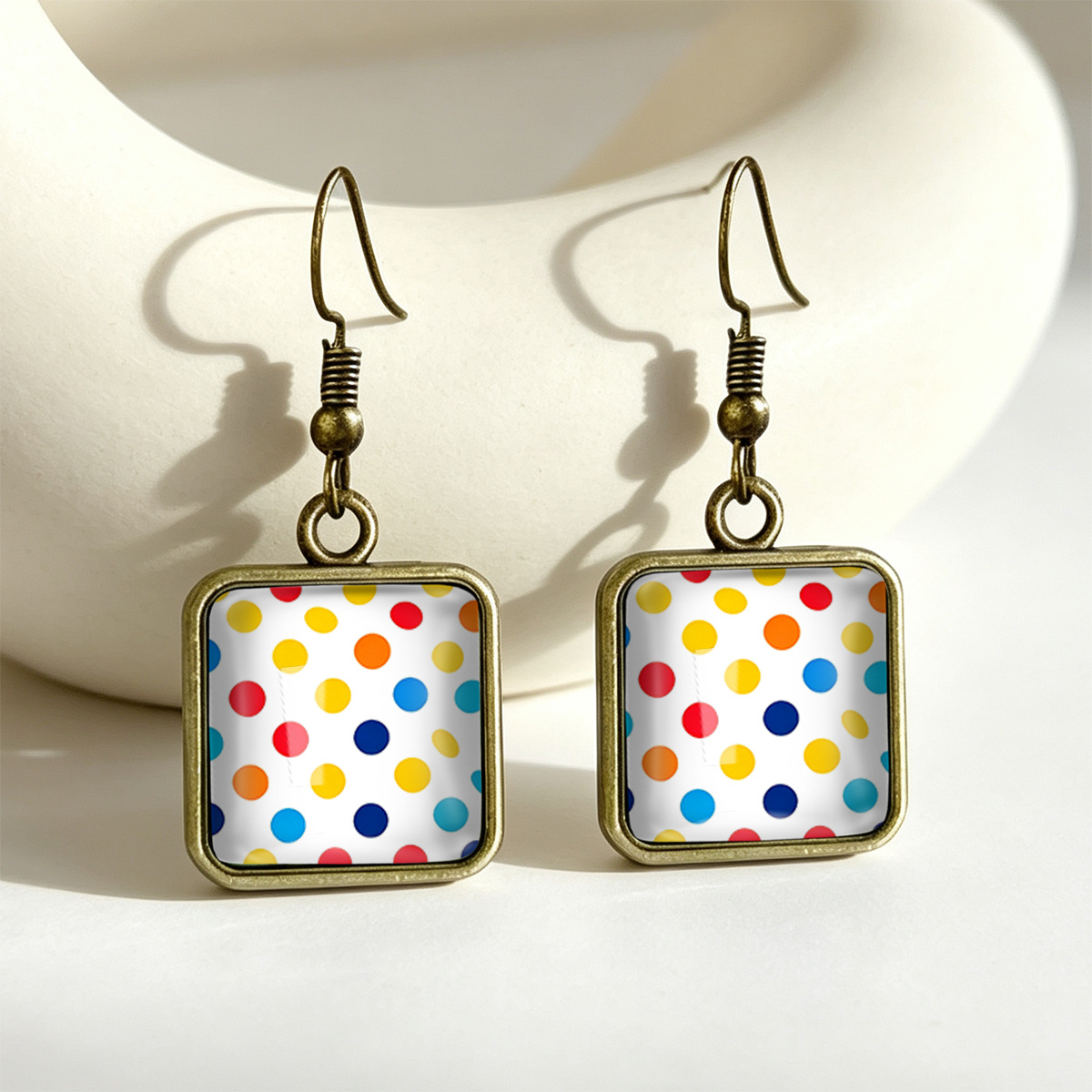 TEMU 1 Pair Of Square Time Gemstone Earrings, With Red, Yellow, And Blue Multicolor Polka Dot Print, Vibrant Vintage Versatile Polka Dot Earrings